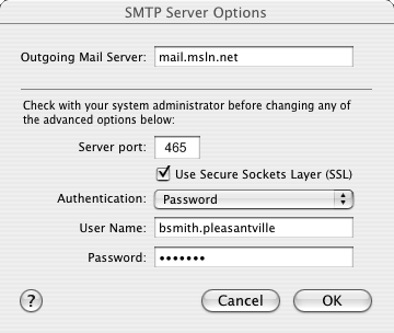smtp server options panel